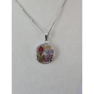 Vtg ATI Boho Dried Flowers Resin 925 Sterling Silver 18" Pendant Necklace Mexico